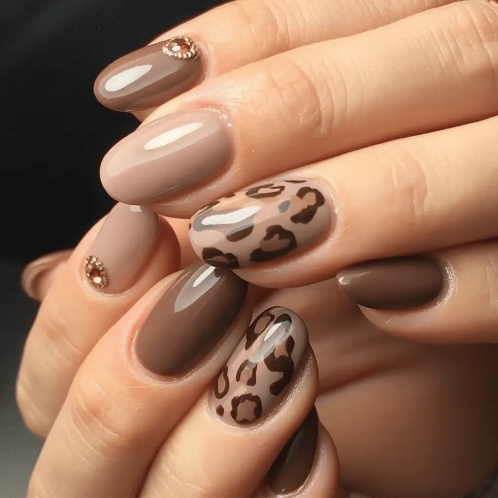Creative Fall Gel Nail Designs 2025 Soft Taupe with Subtle Leopard