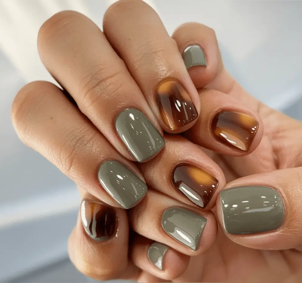 Creative Fall Gel Nail Designs 2025 Olive and Tortoiseshell Gloss for Short Square Nails