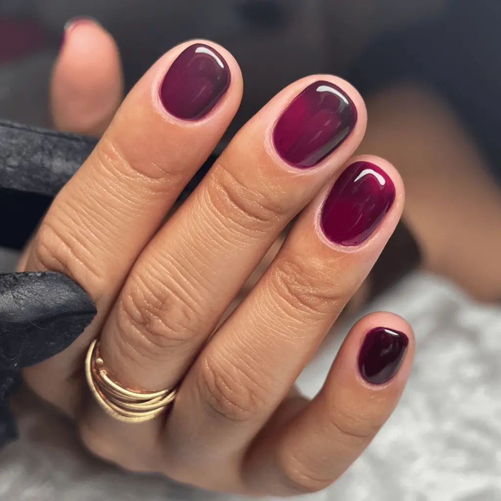 Creative Fall Gel Nail Designs 2025 Glossy Burgundy Ombré for a Luxe Autumn Vibe