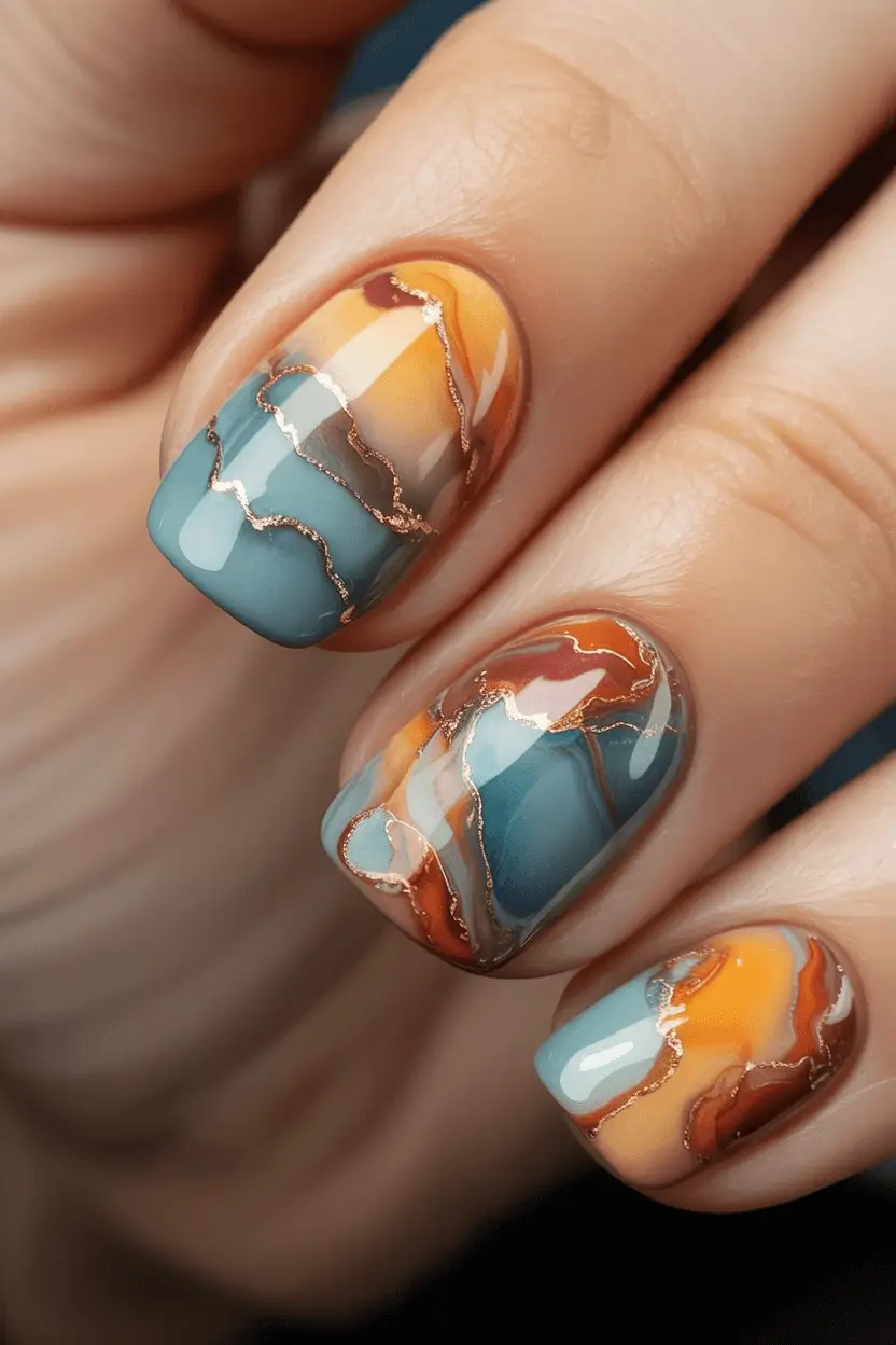 Creative Fall Gel Nail Designs 2025 Burnt Orange and Blue Marble with Metallic Veining