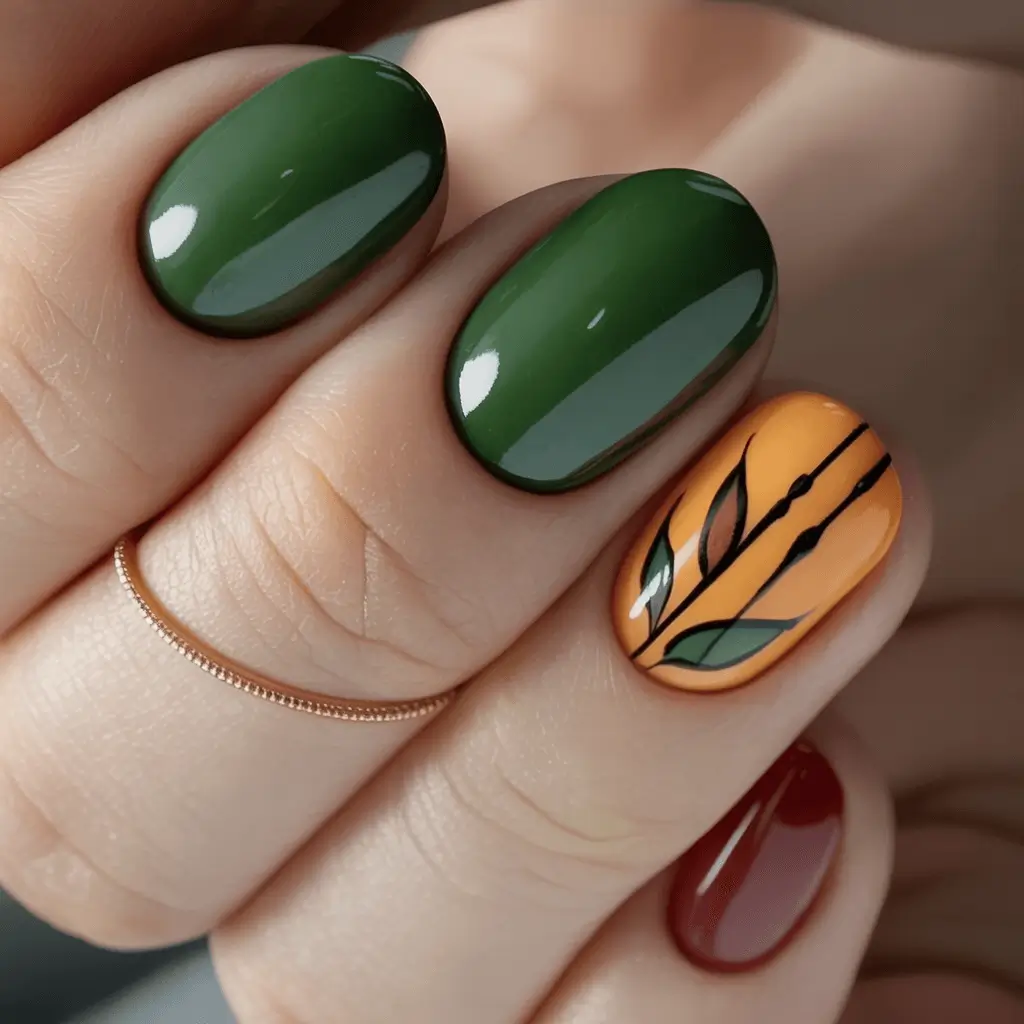 Creative Fall Gel Nail Designs 2025 Olive Green with Botanical Accent and Fall Mood