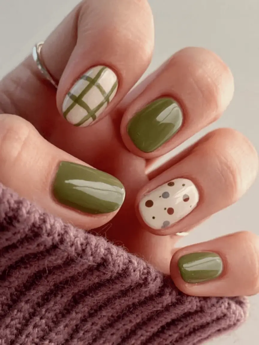 Creative Fall Gel Nail Designs 2025 Muted Plaid and Dots in Sage Green and Cream