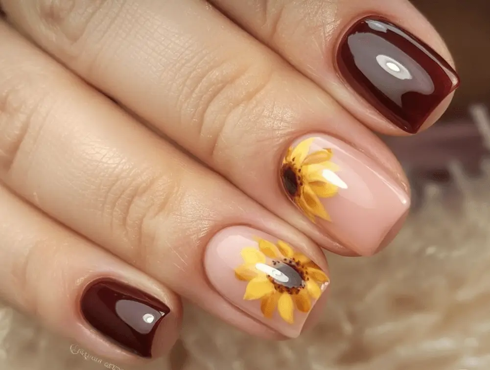 Creative Fall Gel Nail Designs 2025 Sunflower Accents on Wine and Nude Gel