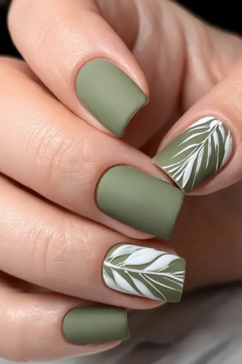 Creative Fall Gel Nail Designs 2025 Matte Olive Green with Leaf Detail