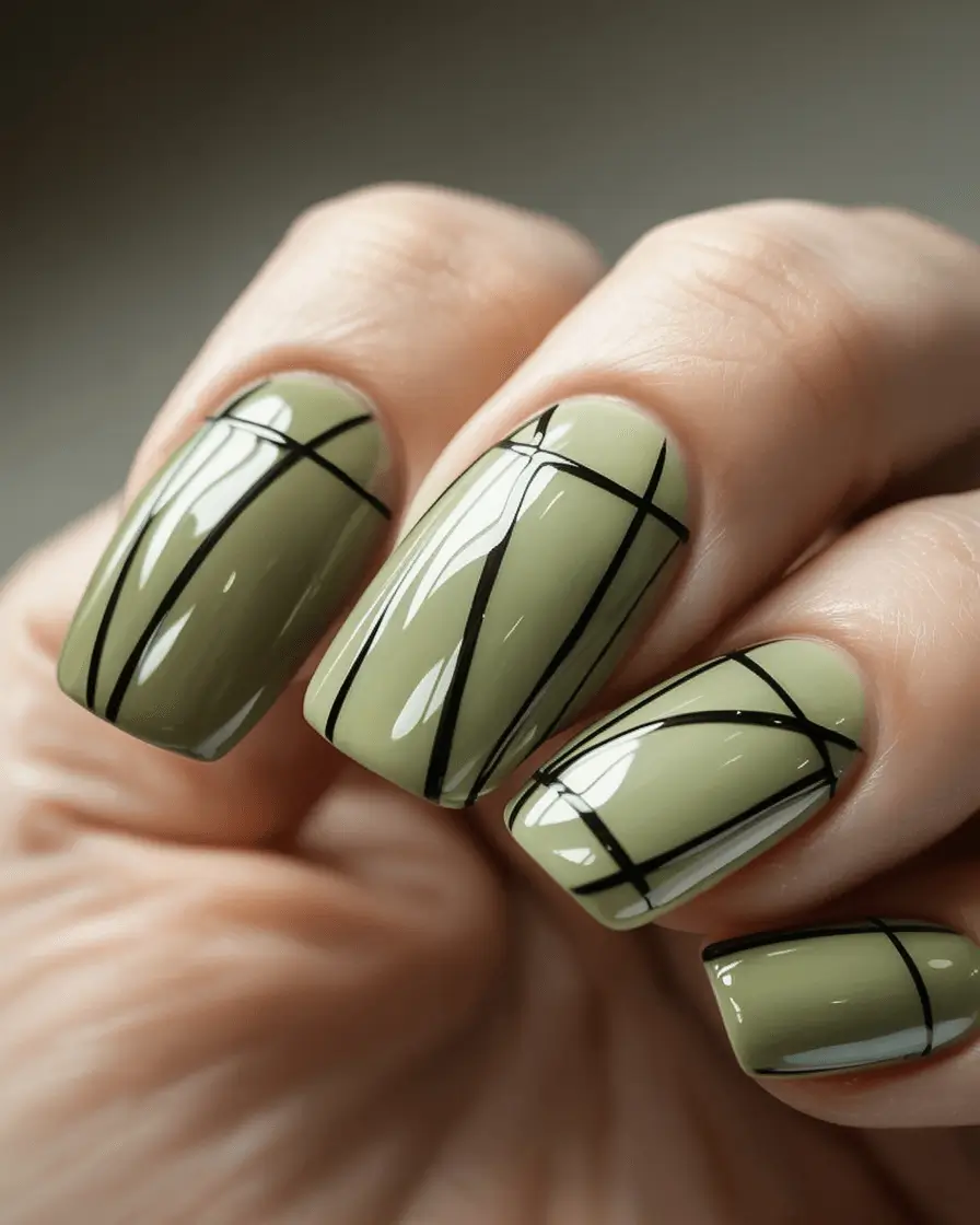 Creative Fall Gel Nail Designs 2025 Abstract Plaid in Sage Green