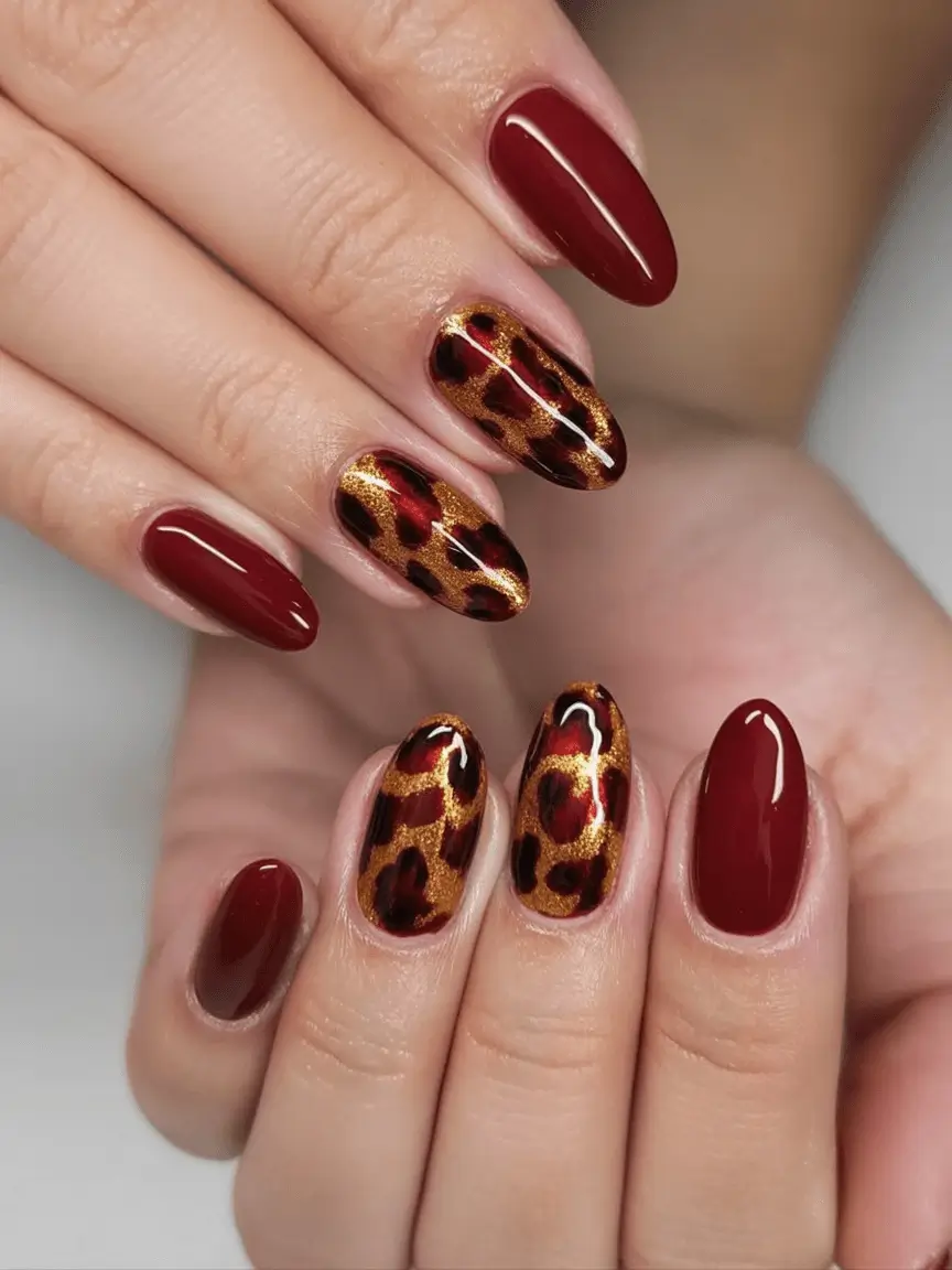 Creative Fall Gel Nail Designs 2025 Classic Burgundy with Leopard Accents
