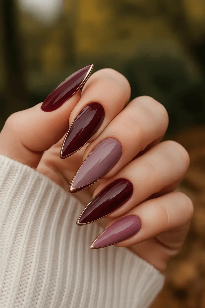 Creative Fall Gel Nail Designs 2025 Pointed Plum Elegance with Gold Edging