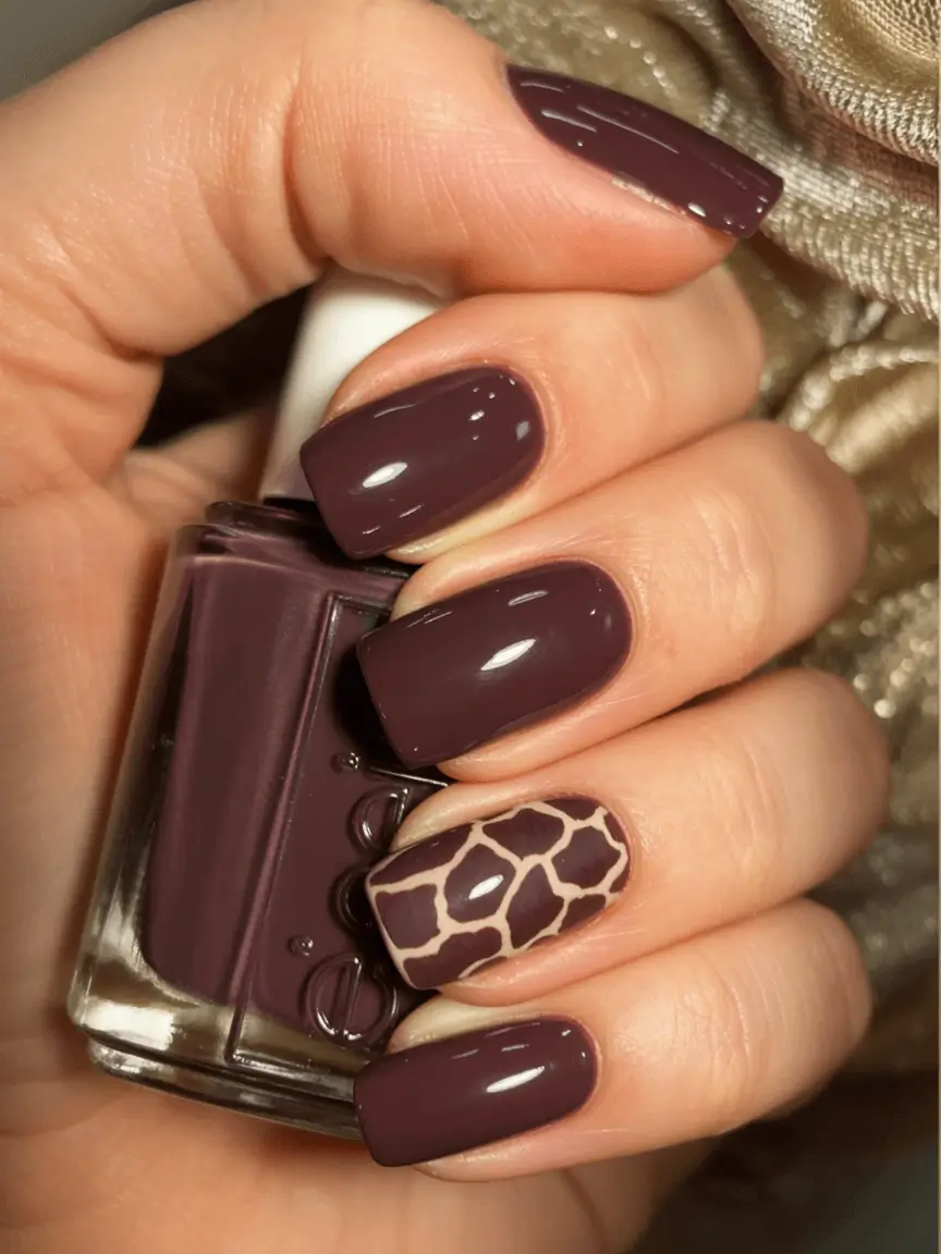 Creative Fall Gel Nail Designs 2025 Deep Mocha with Giraffe Accent