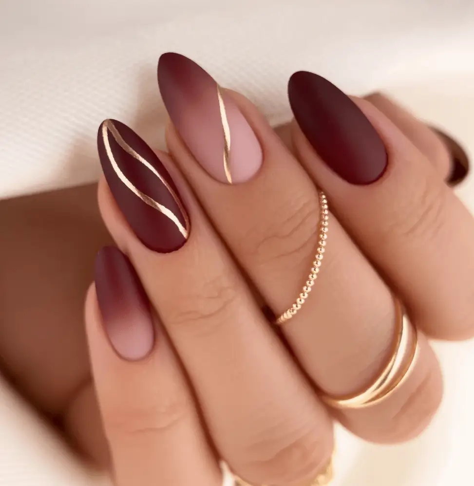 Creative Fall Gel Nail Designs 2025 Matte Wine and Blush with Gold Veins