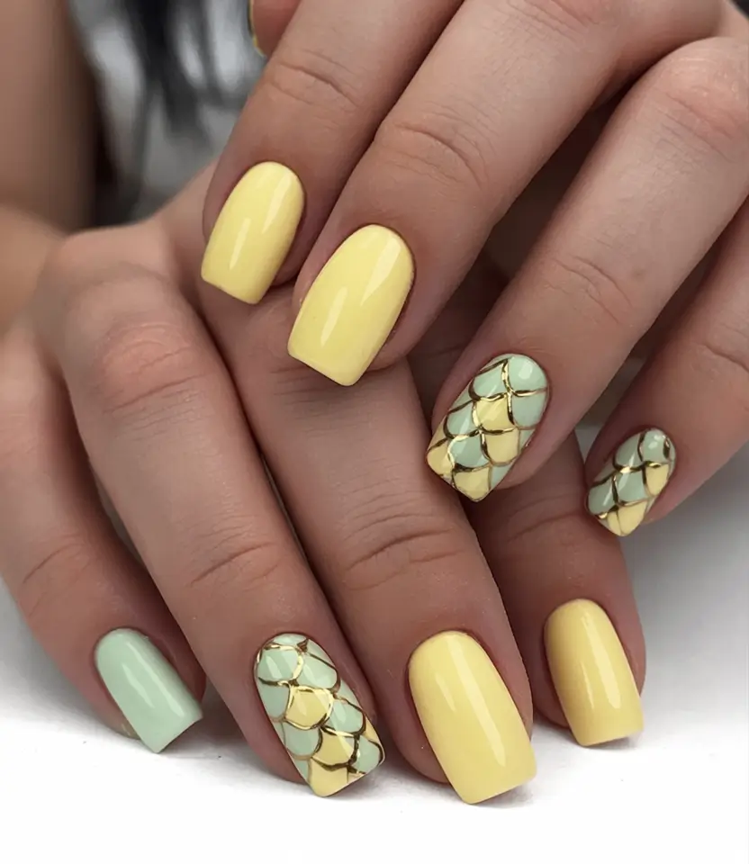 Cute Butter Yellow Nail Ideas to Try This Season Mermaid Lemon Scales