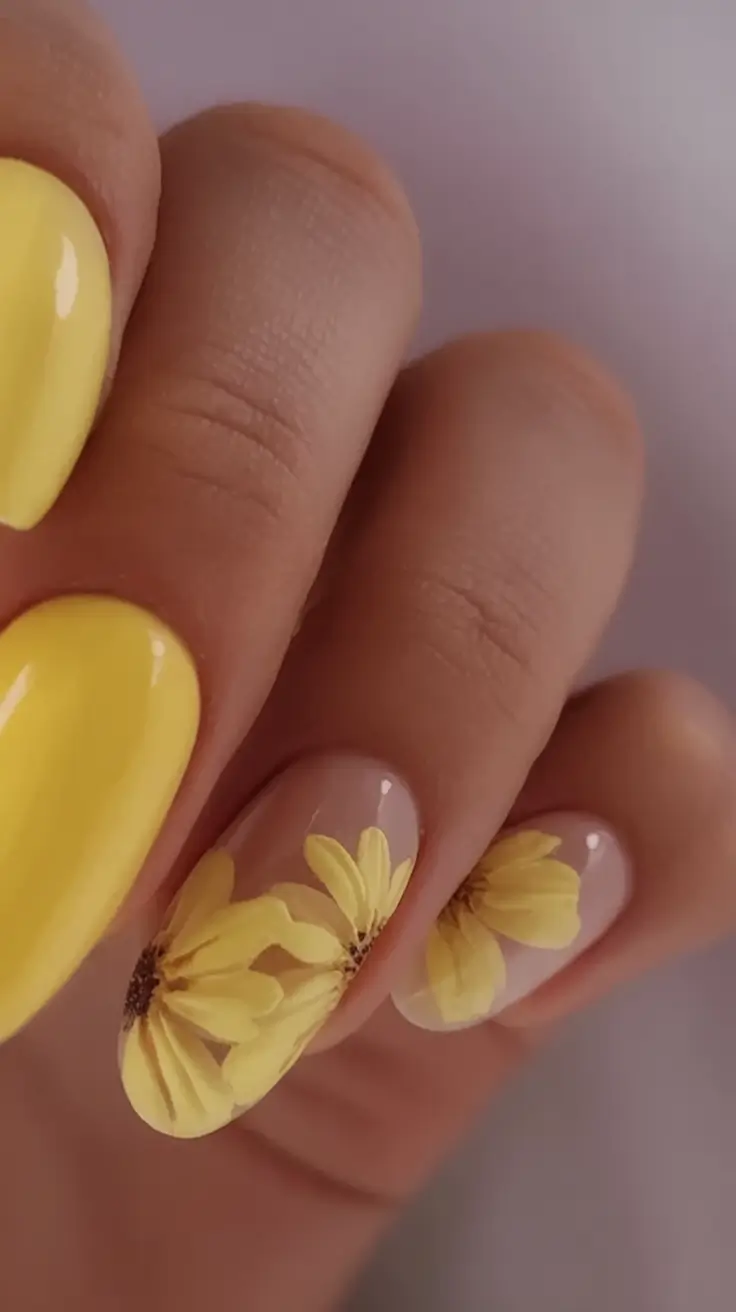 Cute Butter Yellow Nail Ideas to Try This Season Pressed Petals with Bare Elegance