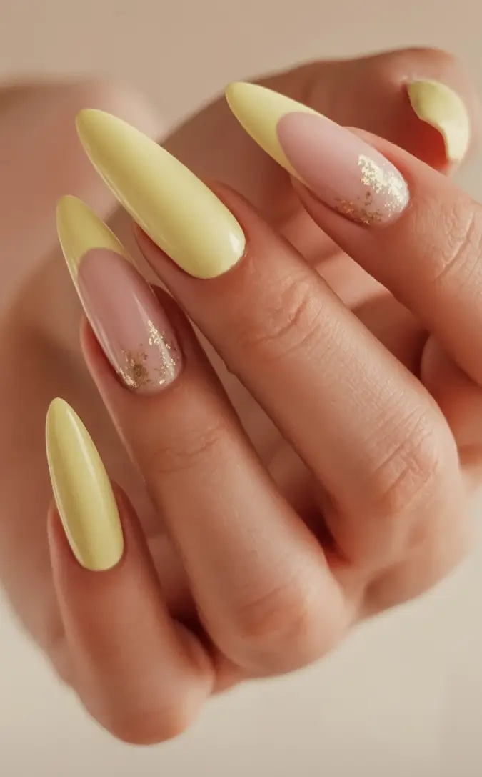 Cute Butter Yellow Nail Ideas to Try This Season Almond Butter with a Gold-Dipped Accent