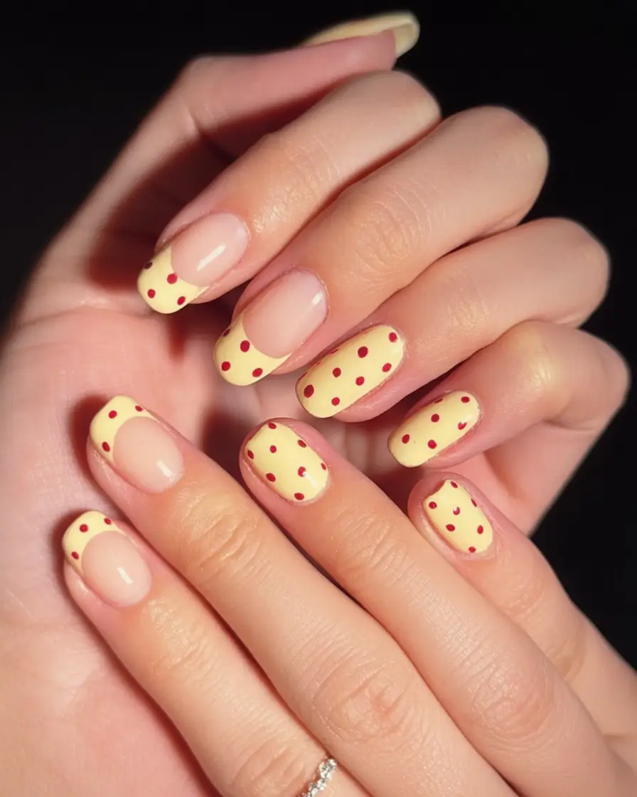 Cute Butter Yellow Nail Ideas to Try This Season Polka Dot French Remix