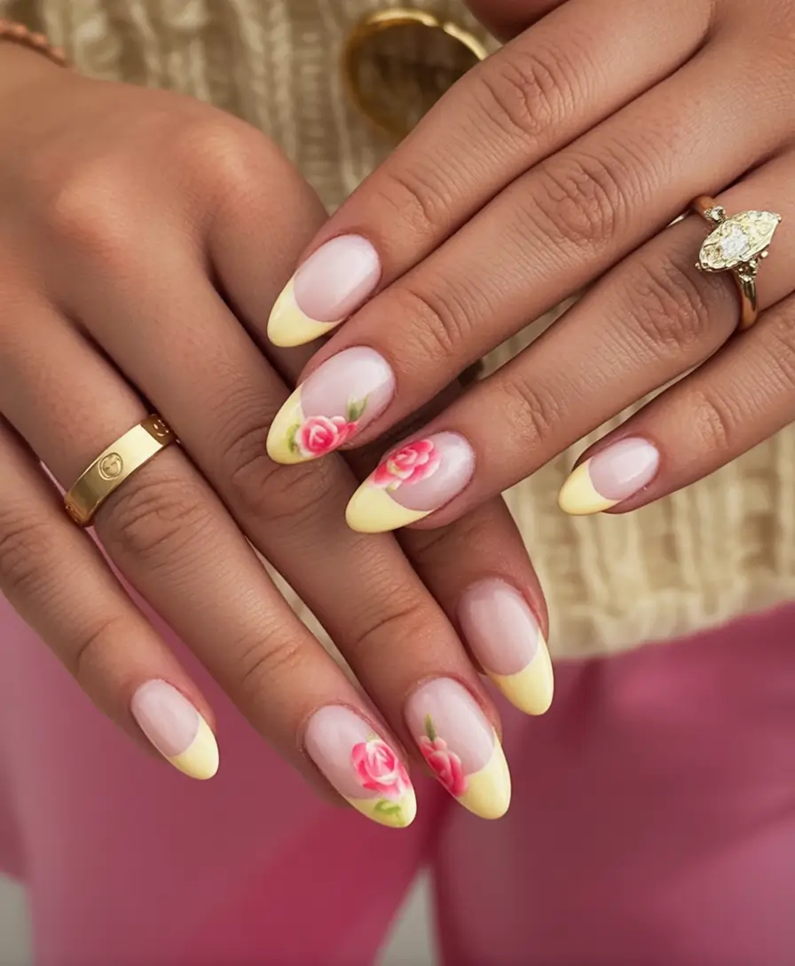 Cute Butter Yellow Nail Ideas to Try This Season Romantic Roses On Lemon Tips