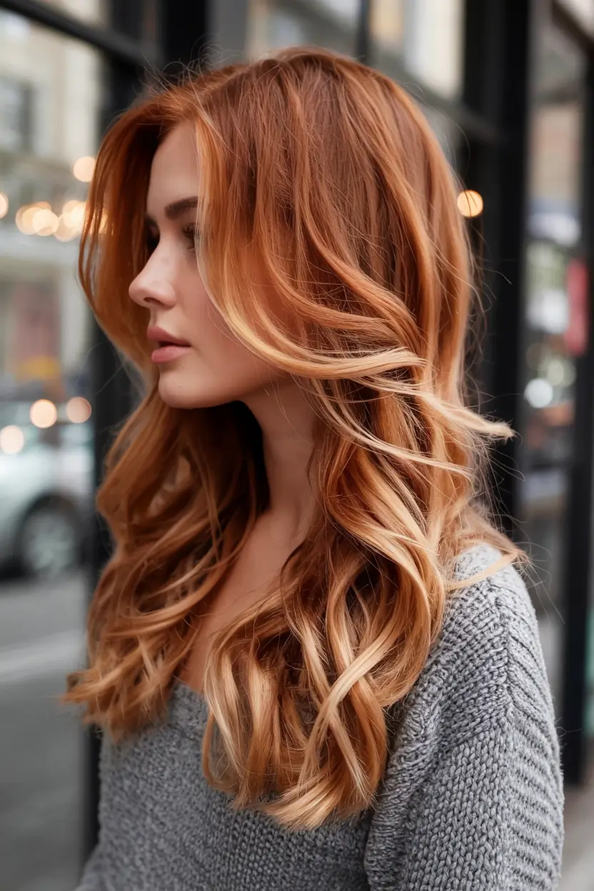 Cute Stylish Hair Colors for Fall 2025 Golden Copper Ribbons With Long Layers