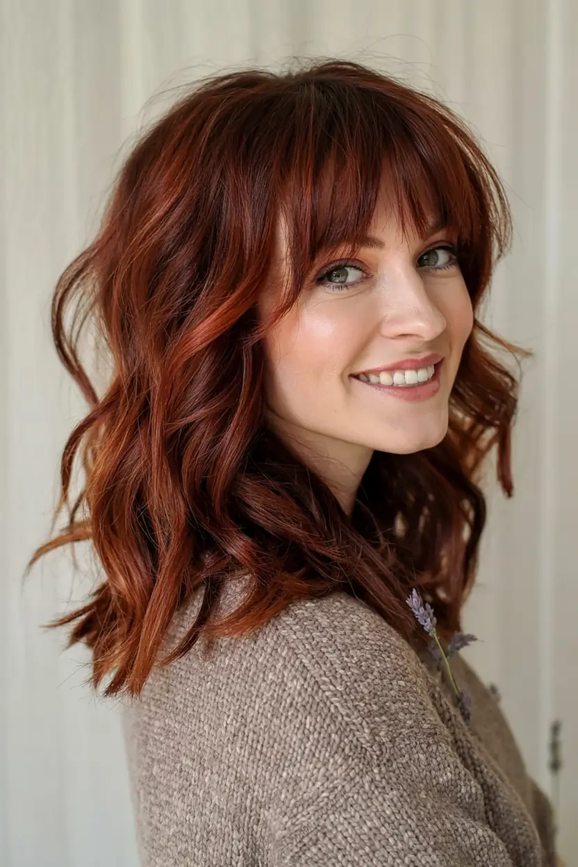 Cute Stylish Hair Colors for Fall 2025 Chestnut-Copper Waves With Soft Shag Texture