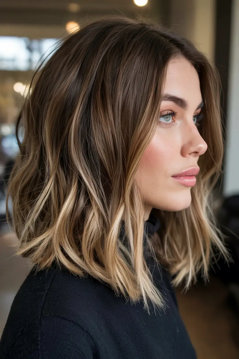 Cute Stylish Hair Colors for Fall 2025 Dimensional Chocolate Lob with Sandy Ends