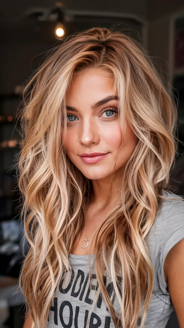 Cute Stylish Hair Colors for Fall 2025 Cool Blonde Waves With a Crescent Part