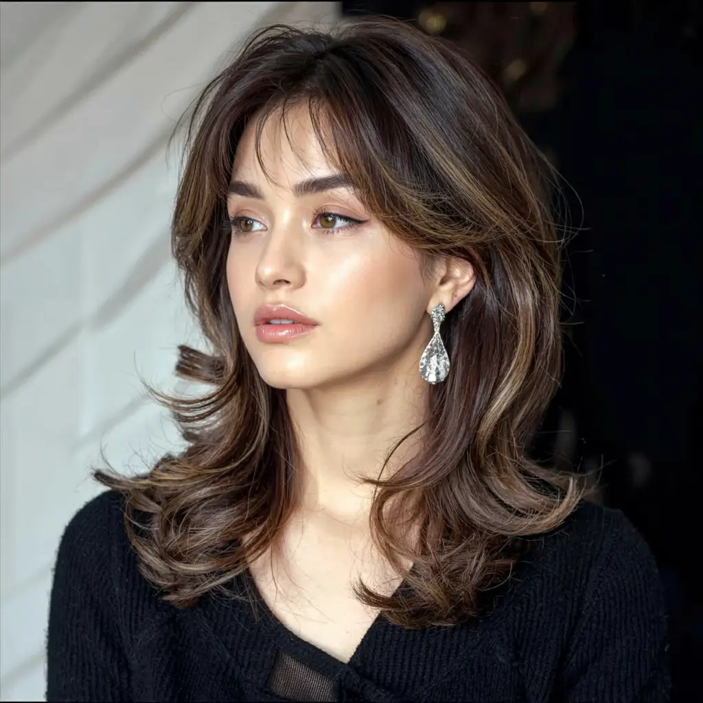 Cute Stylish Hair Colors for Fall 2025 Feathered Chocolate Layers with Curtain Bangs