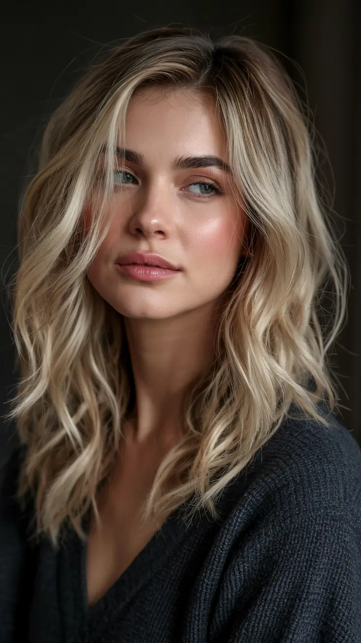 Cute Stylish Hair Colors for Fall 2025 Undone Platinum Waves with Root Shadow