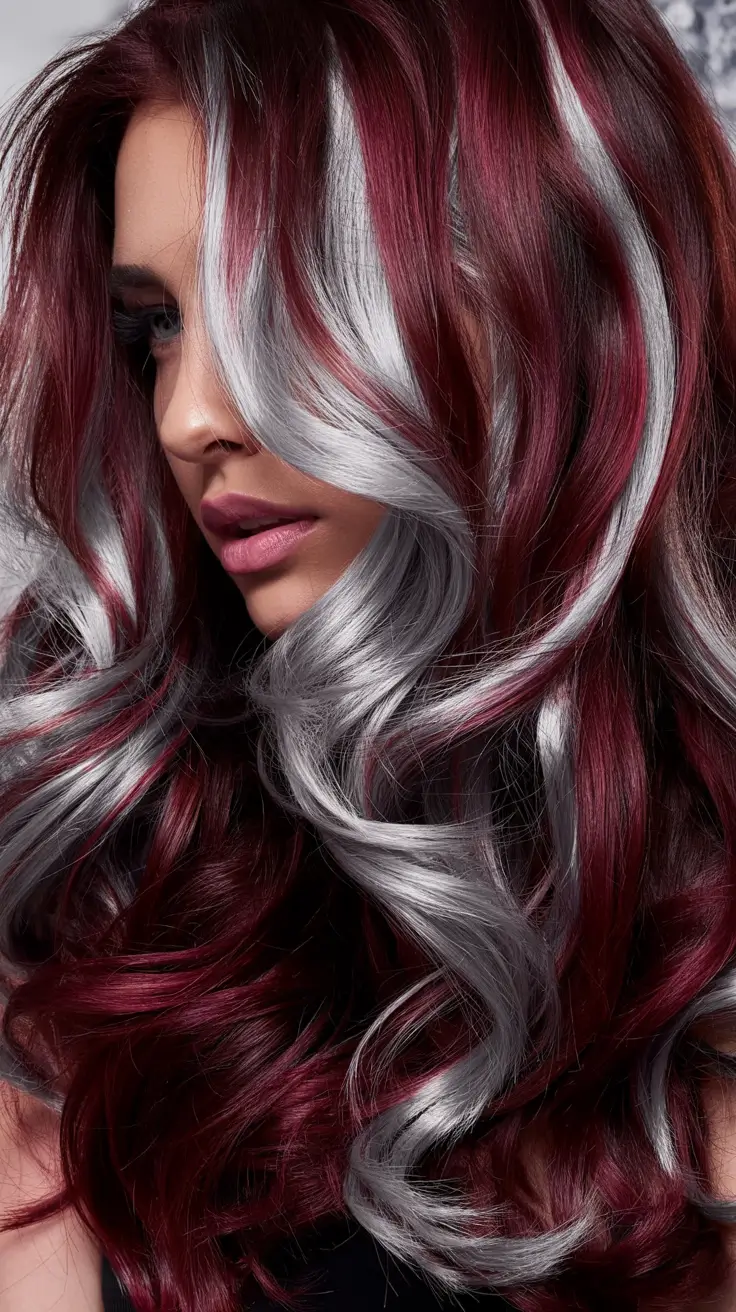Cute Stylish Hair Colors for Fall 2025 Deep Merlot and Silver Contrast Waves