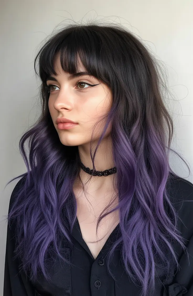 Dark Brown Fall Shades - Hair Colors to Try in 2025 Midnight Violet Melt With Wispy Bangs