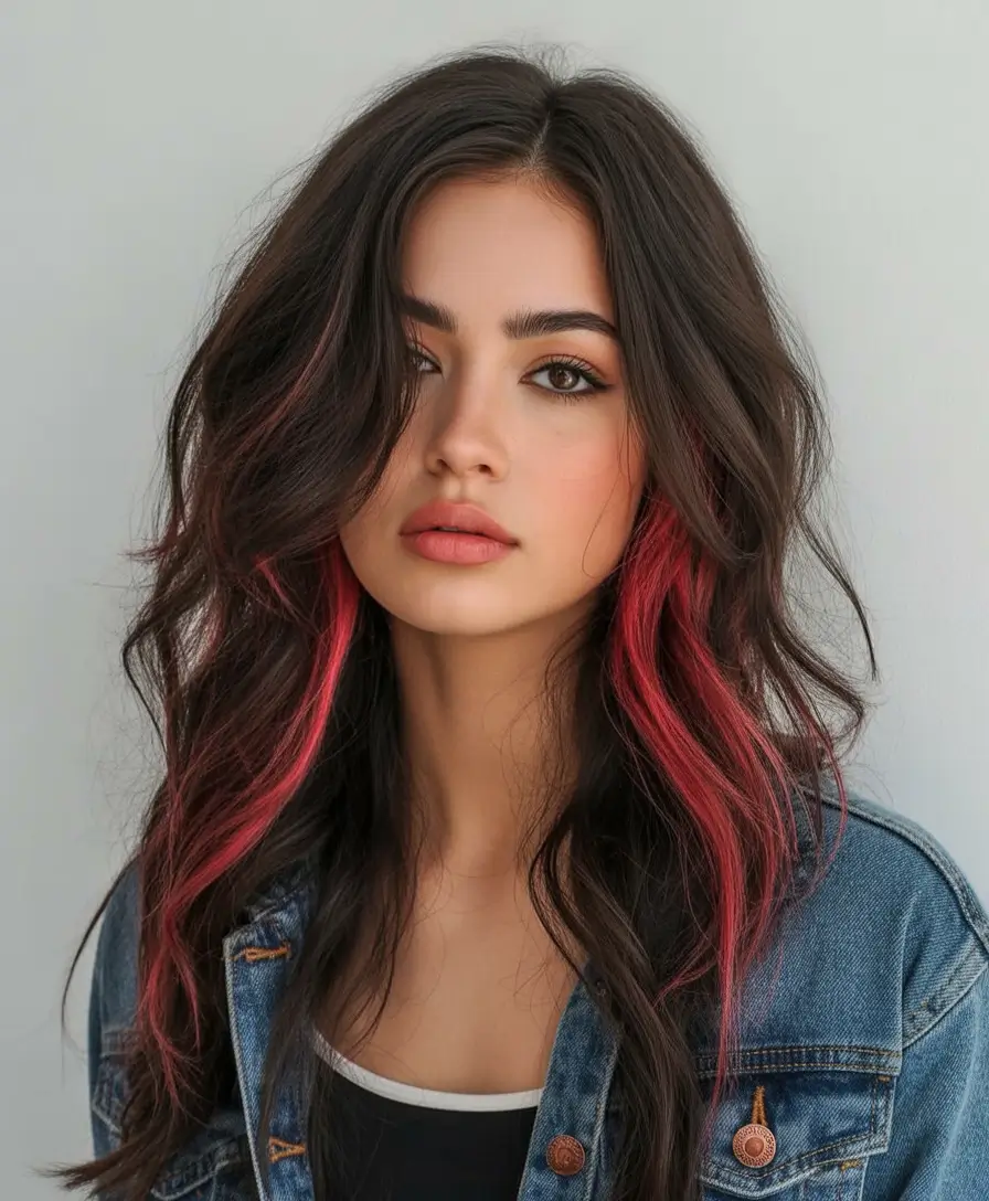 Dark Brown Fall Shades - Hair Colors to Try in 2025 Crimson Pop Under Brunette Waves