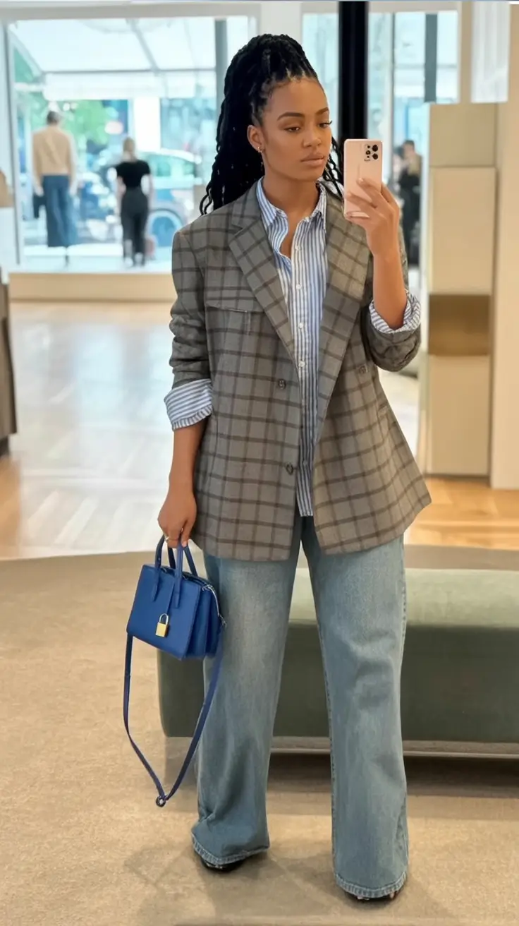 Early Fall outfits inspo for September 2025 Plaid Blazer and Blue Jean Realness