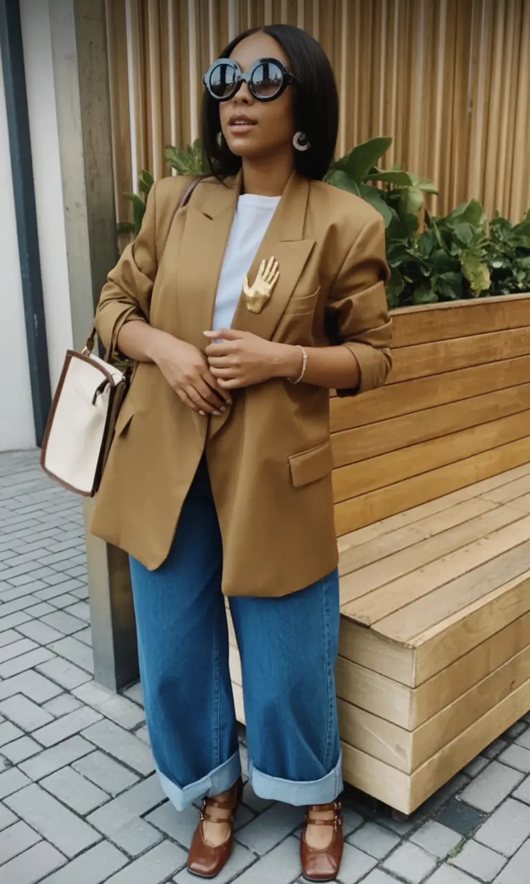 Early Fall outfits inspo for September 2025 Cognac Blazer and Statement Denim