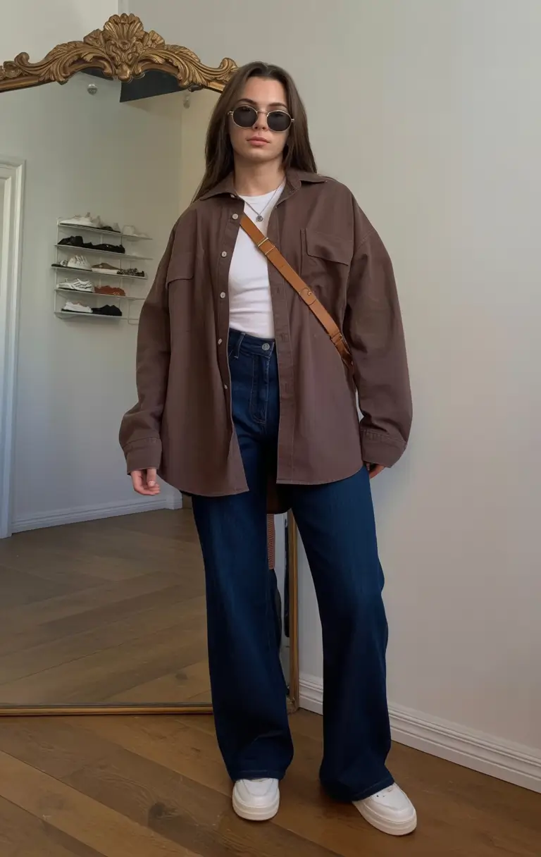 Early Fall outfits inspo for September 2025 Chocolate Shacket & Retro Denim