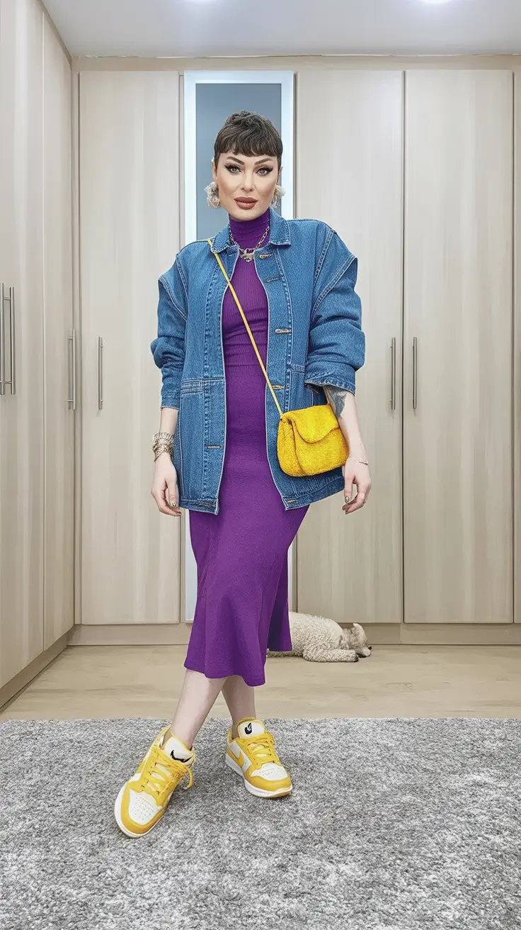 Early Fall outfits inspo for September 2025 Color Pop Confidence: Purple and Denim Clash