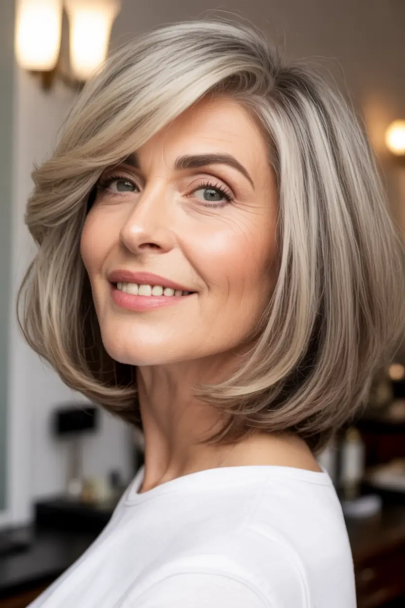 Elegant Fall hairstyles and colors for Women Over 60 in 2025 Soft Volume Bob With Silver Elegance