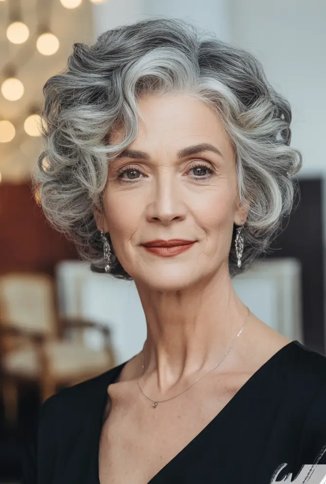 Elegant Fall hairstyles and colors for Women Over 60 in 2025 Structured Silver Curls With Vintage Lift