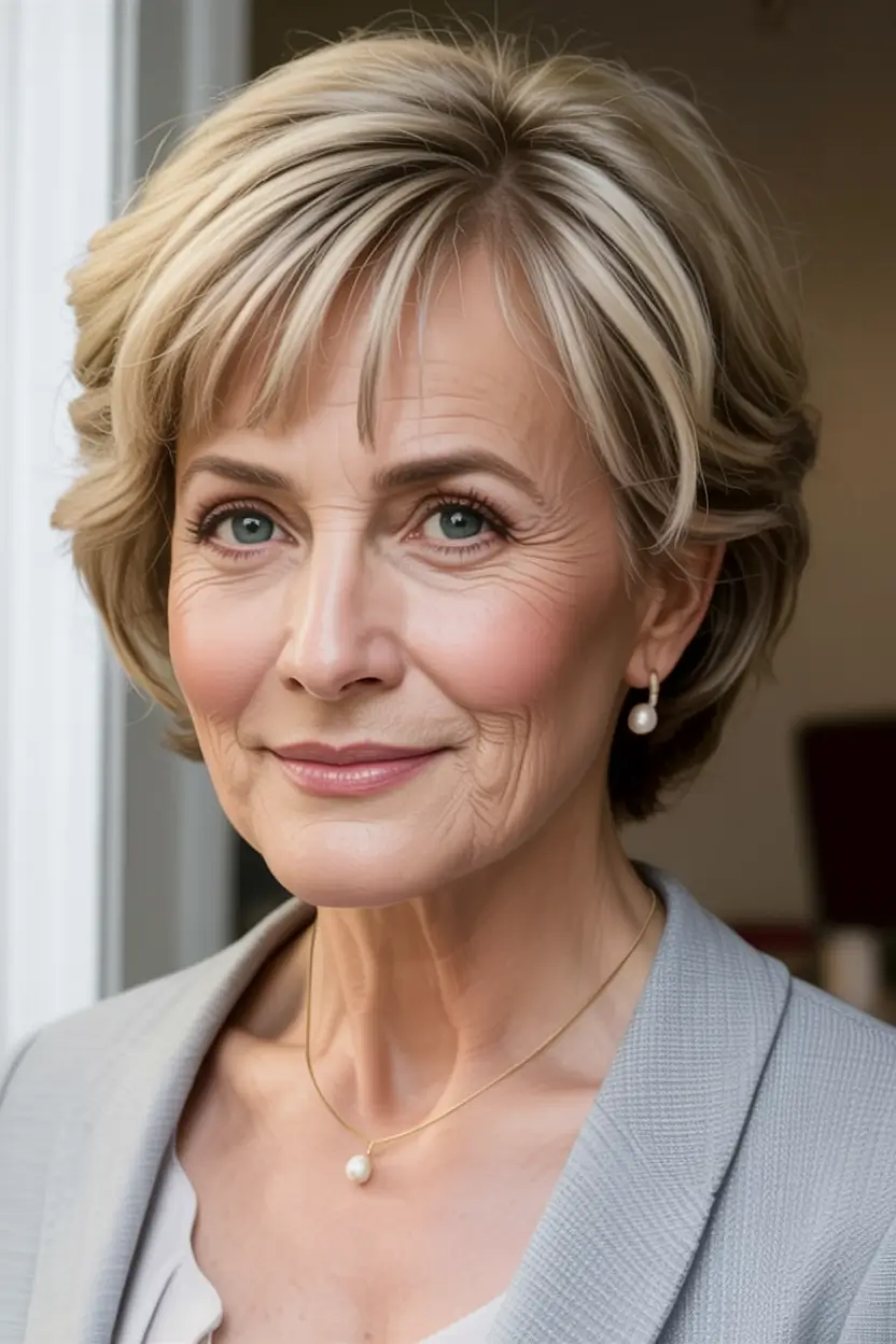 Elegant Fall hairstyles and colors for Women Over 60 in 2025 Smooth Blonde Layers With a Soft Fringe