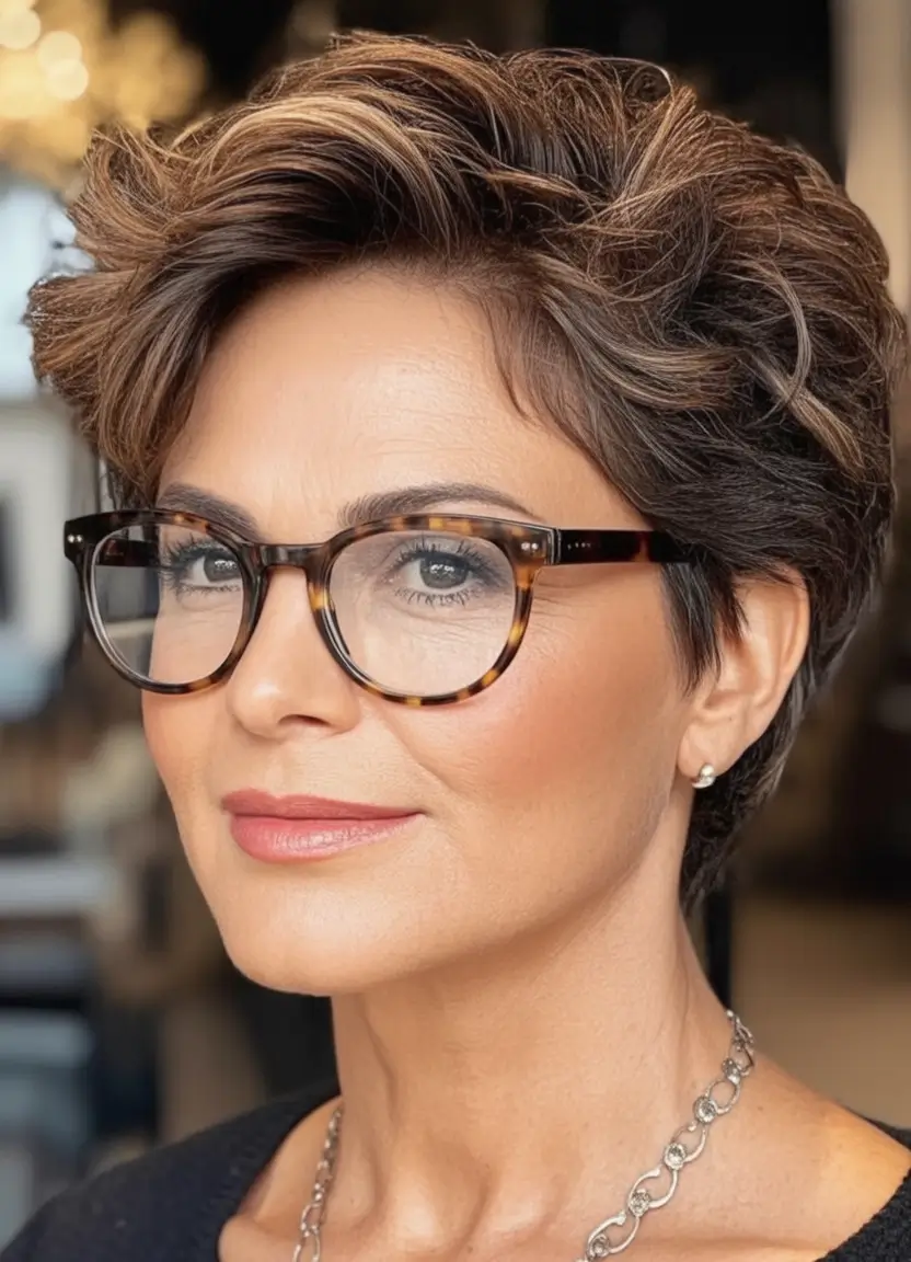 Elegant Fall hairstyles and colors for Women Over 60 in 2025 Textured Pixie with Brunette Warmth