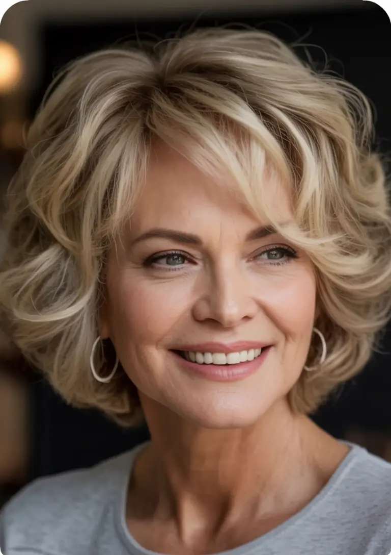 Elegant Fall hairstyles and colors for Women Over 60 in 2025 Golden Curls With Tousled Layers