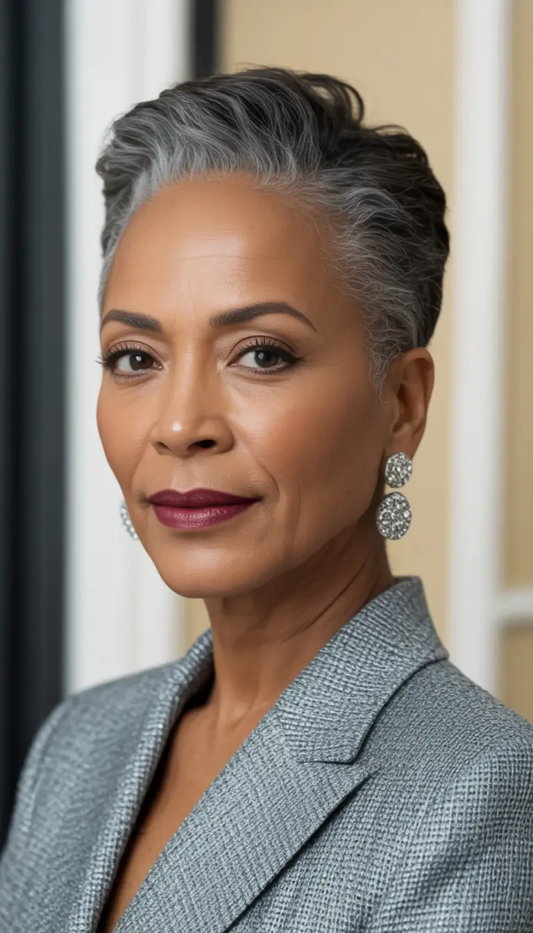 Elegant Fall hairstyles and colors for Women Over 60 in 2025 Slicked-Back Confidence with Salt-and-Pepper Charm