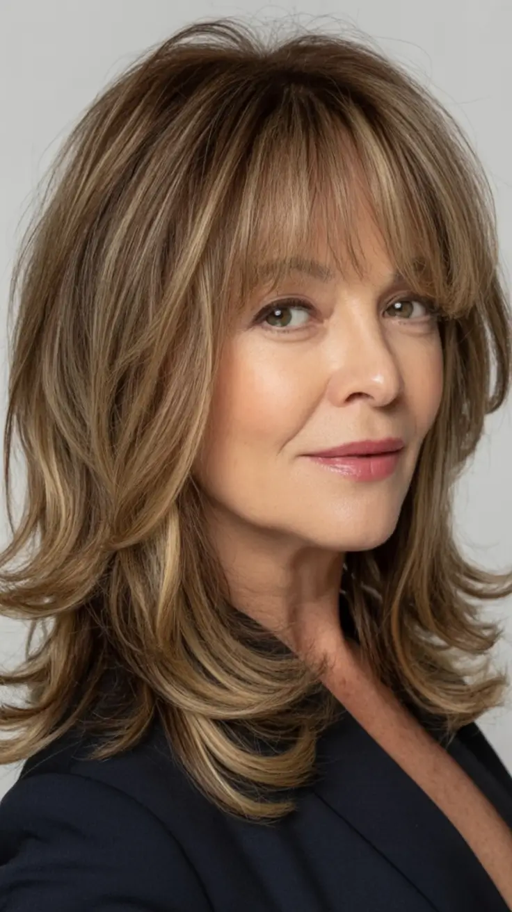 Elegant Fall hairstyles and colors for Women Over 60 in 2025 Layered Curtain Fringe in Sandy Walnut