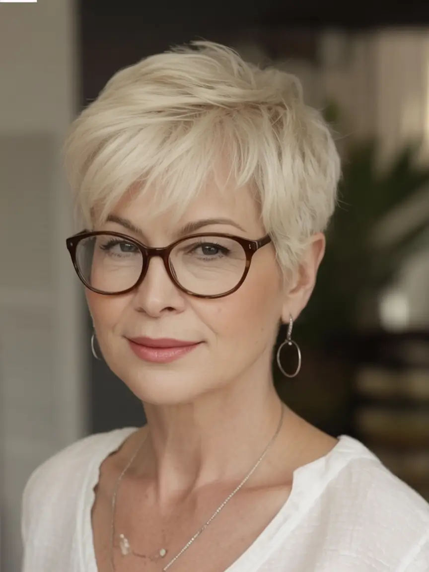 Elegant Fall hairstyles and colors for Women Over 60 in 2025 Ivory Blonde Feathered Pixie
