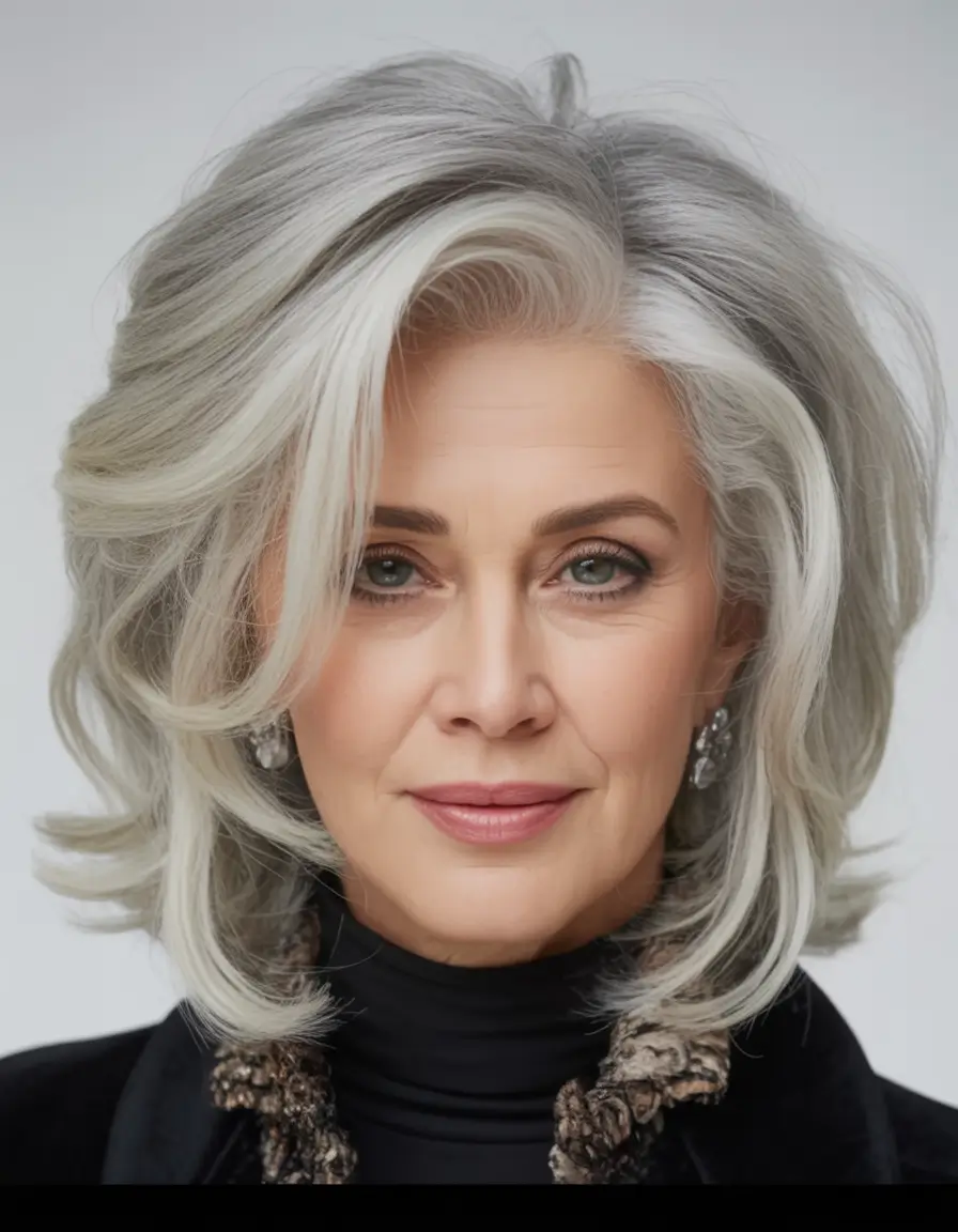 Elegant Fall hairstyles and colors for Women Over 60 in 2025 Ice-Silver Volume with Swooping Layers