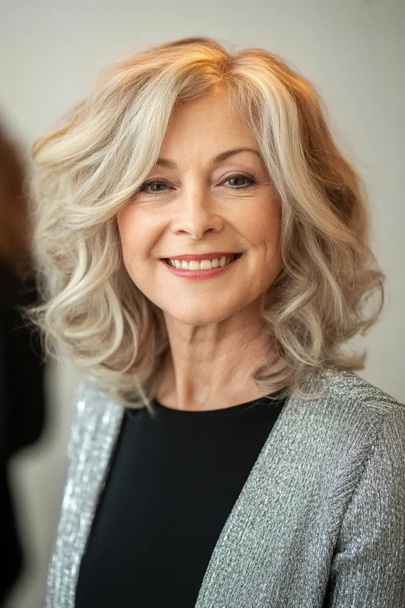 Elegant Fall hairstyles and colors for Women Over 60 in 2025 Soft Pearl Waves for Festive Evenings