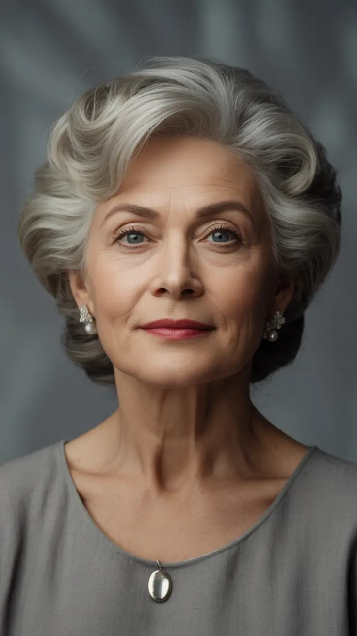 Elegant Fall hairstyles and colors for Women Over 60 in 2025 Graceful Waves With Side-Swept Sophistication