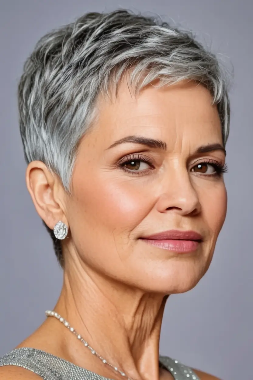 Elegant Fall hairstyles and colors for Women Over 60 in 2025 Soft Silver Pixie With Elegant Texture