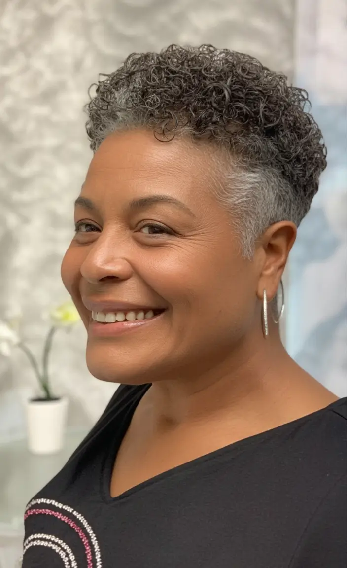 Elegant Fall hairstyles and colors for Women Over 60 in 2025 Close-Cropped Curls With Defined Edges