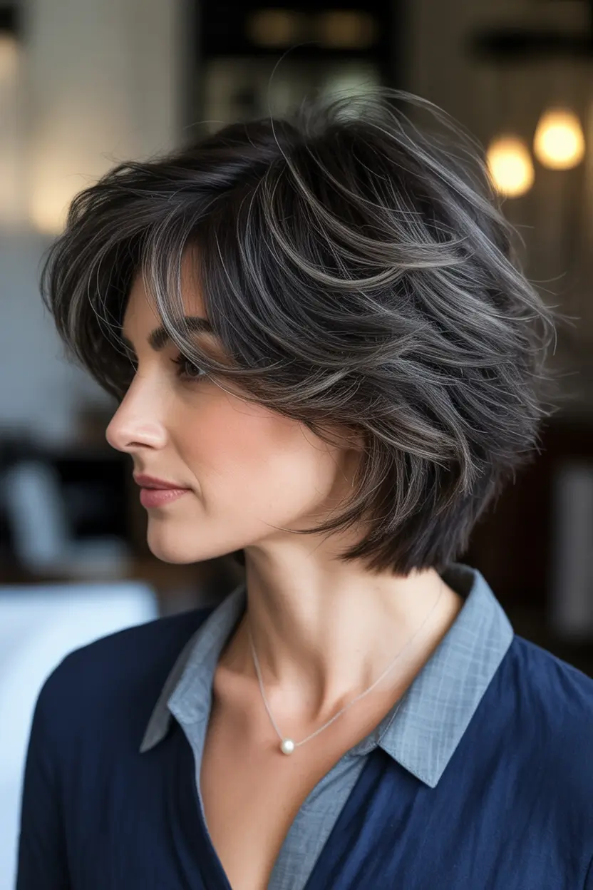 Fall 2025 Bob Haircuts Inspo for Women Feathered and Flowy Charcoal Layers