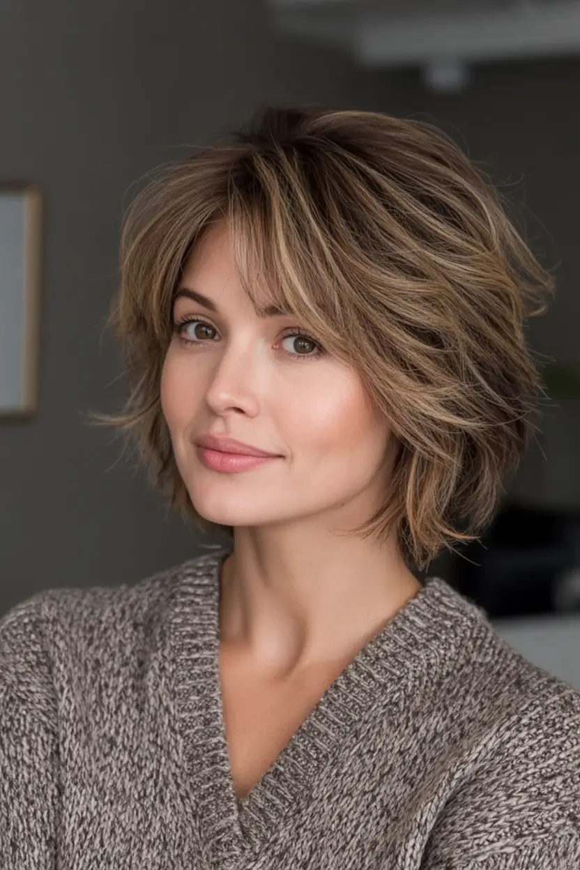 Fall 2025 Bob Haircuts Inspo for Women Golden Walnut Layers with Curtain Fringe