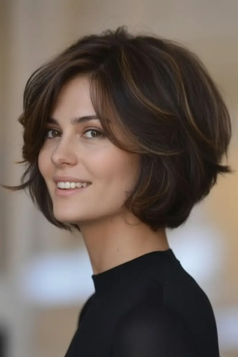Fall 2025 Bob Haircuts Inspo for Women Rounded Chestnut Bob with Face Framing Layers