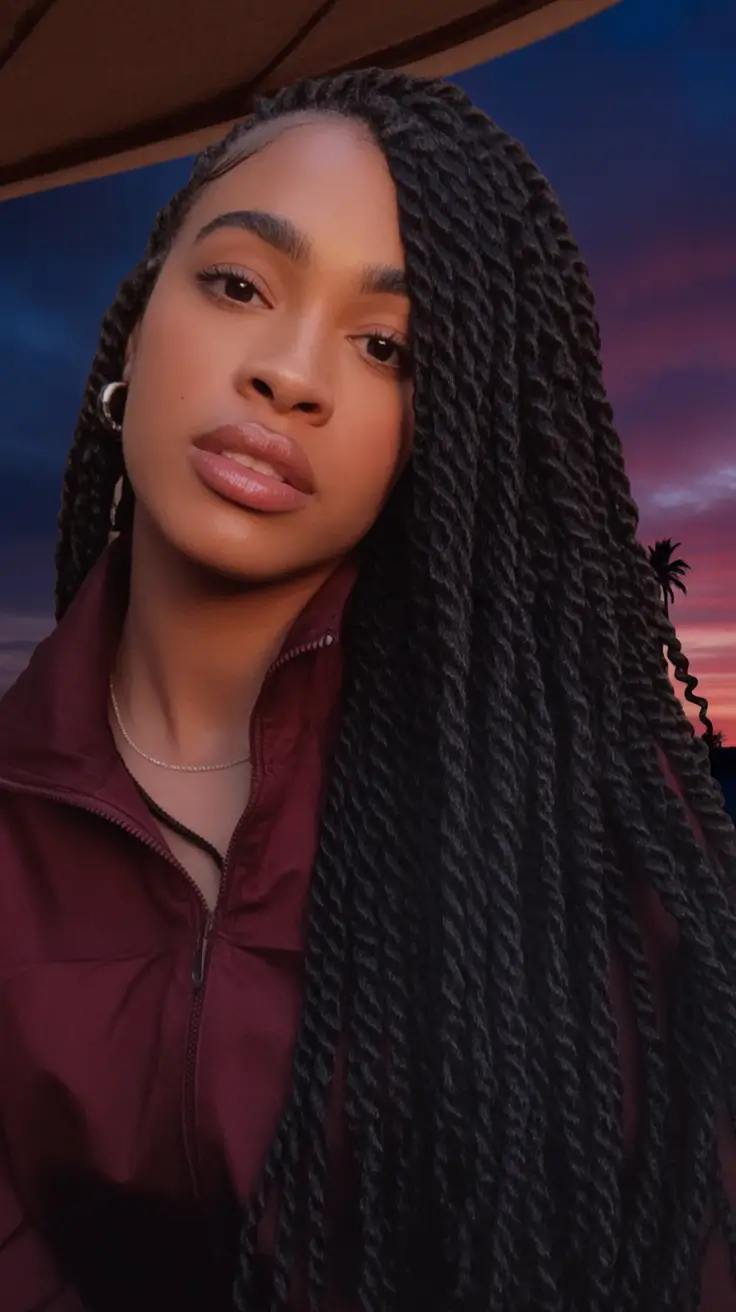 Top Burgundy Hair Color Looks for Autumn 2025 Side-Swept Passion Twists with Burgundy Jacket Vibe