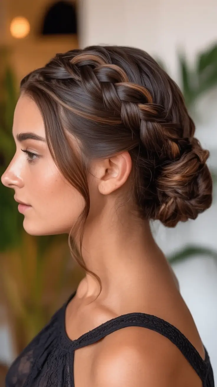 Top Burgundy Hair Color Looks for Autumn 2025 Romantic Side Braided Bun for Crisp Autumn Evenings