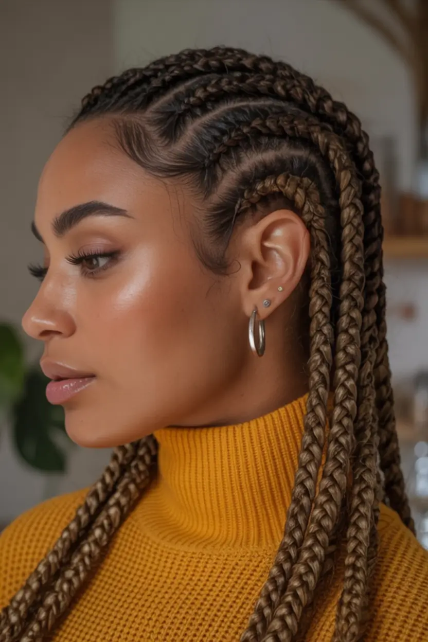 Top Burgundy Hair Color Looks for Autumn 2025 Defined Feed-In Cornrows with Caramel Hues